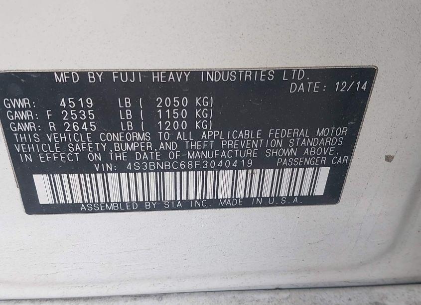 Photo 9 of 2015 Subaru Legacy 2.5I PREMIUM (VIN 4S3BNBC68F3040419)