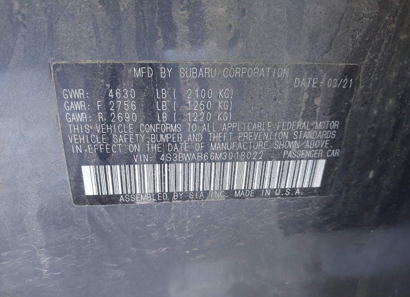 Photo 9 of 2021 Subaru Legacy N/A (VIN 4S3BWAB66M3018022)
