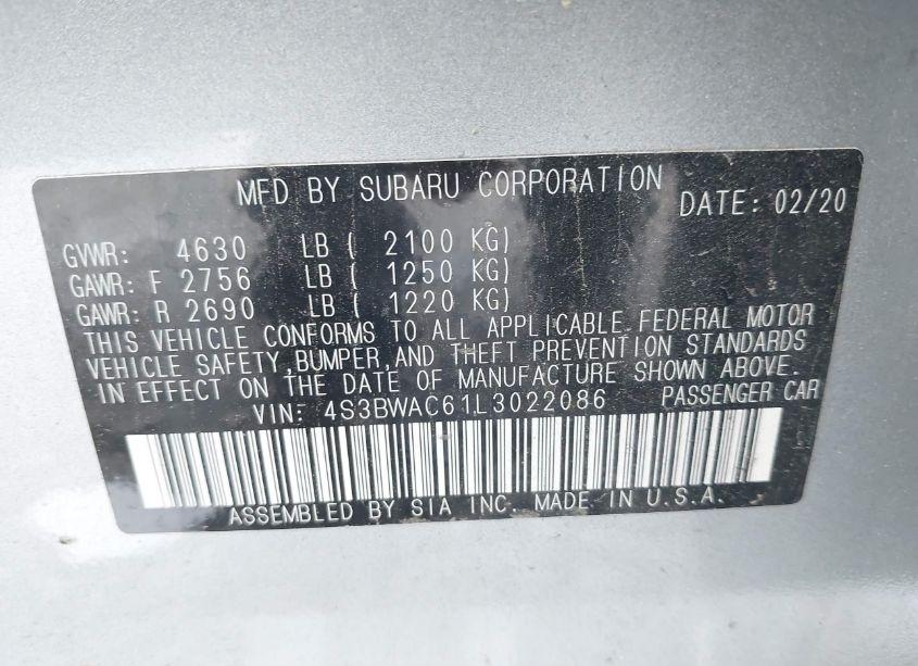 Photo 9 of 2020 Subaru Legacy PREMIUM (VIN 4S3BWAC61L3022086)