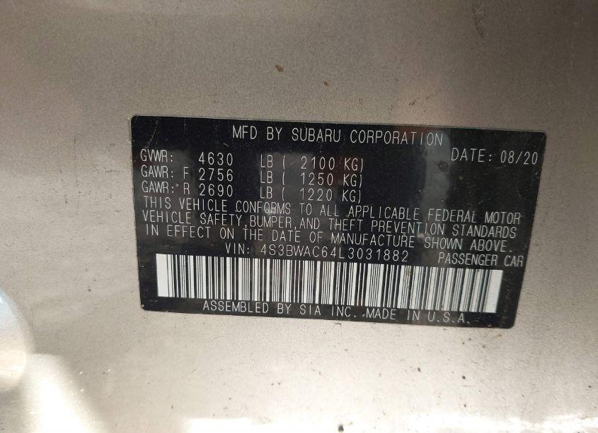 Photo 9 of 2020 Subaru Legacy PREMIUM (VIN 4S3BWAC64L3031882)