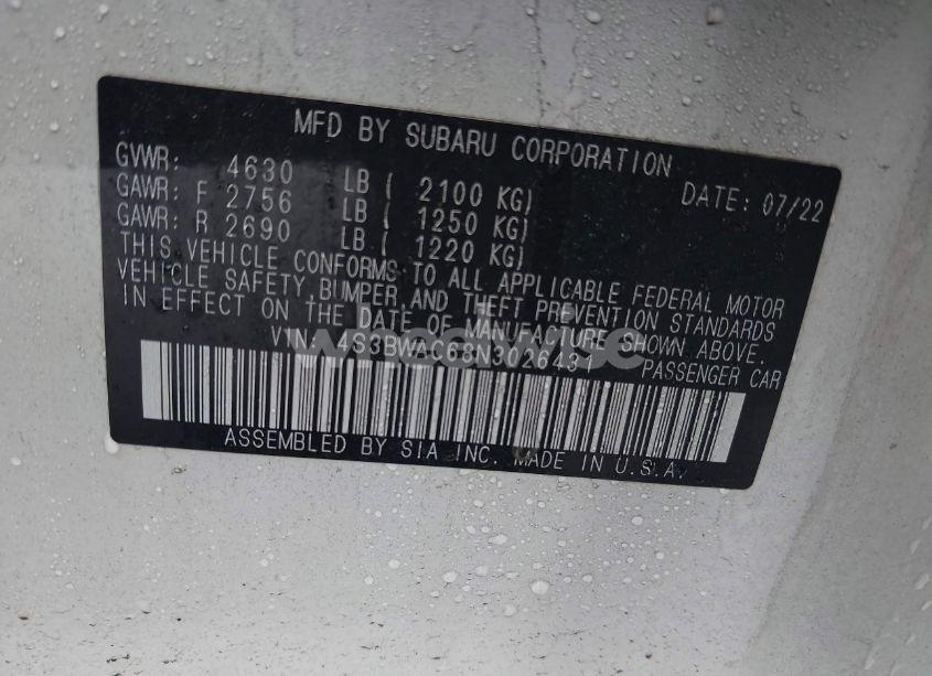 Photo 9 of 2022 Subaru Legacy PREMIUM (VIN 4S3BWAC68N3026431)