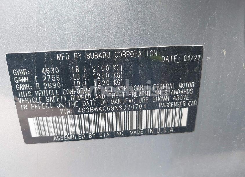 Photo 9 of 2022 Subaru Legacy PREMIUM (VIN 4S3BWAC69N3020704)