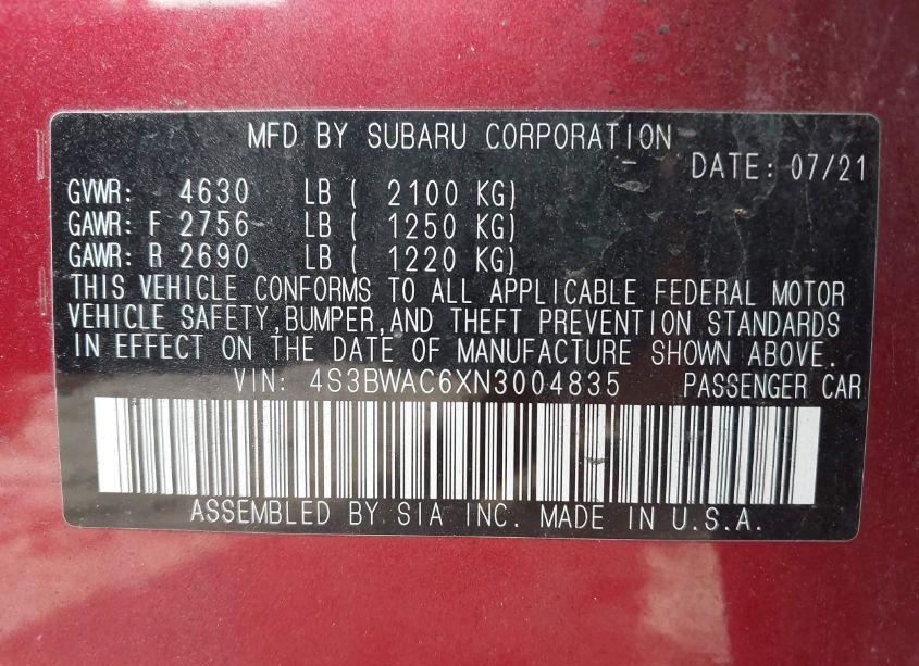 Photo 9 of 2022 Subaru Legacy PREMIUM (VIN 4S3BWAC6XN3004835)