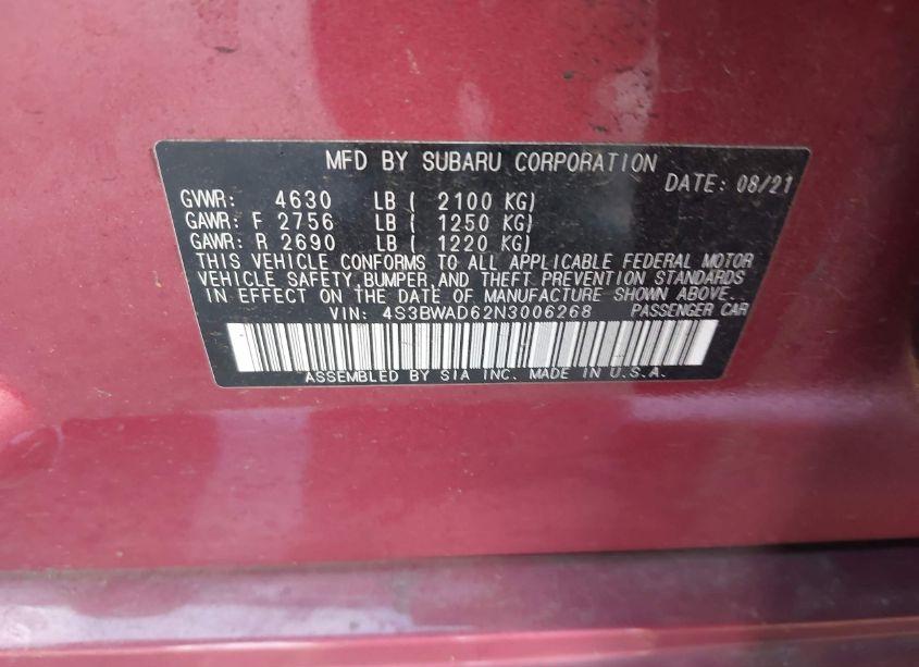 Photo 9 of 2022 Subaru Legacy PREMIUM (VIN 4S3BWAD62N3006268)