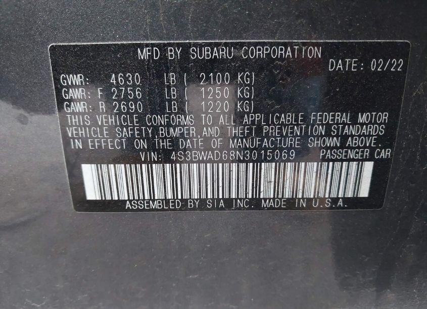 Photo 9 of 2022 Subaru Legacy PREMIUM (VIN 4S3BWAD68N3015069)