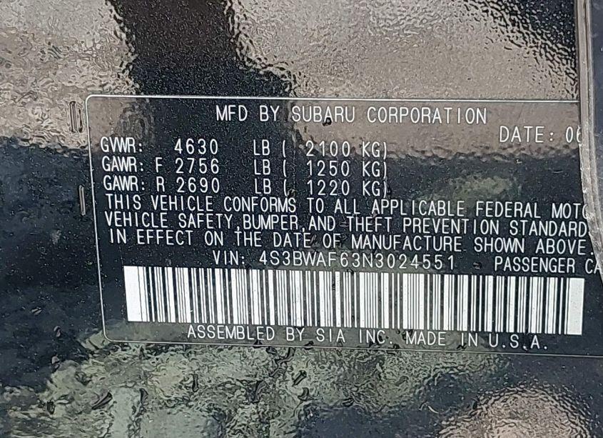 Photo 9 of 2022 Subaru Legacy PREMIUM (VIN 4S3BWAF63N3024551)