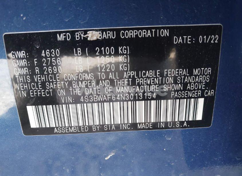 Photo 9 of 2022 Subaru Legacy PREMIUM (VIN 4S3BWAF64N3013154)