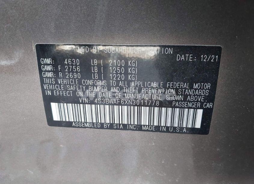 Photo 9 of 2022 Subaru Legacy PREMIUM (VIN 4S3BWAF6XN3011778)