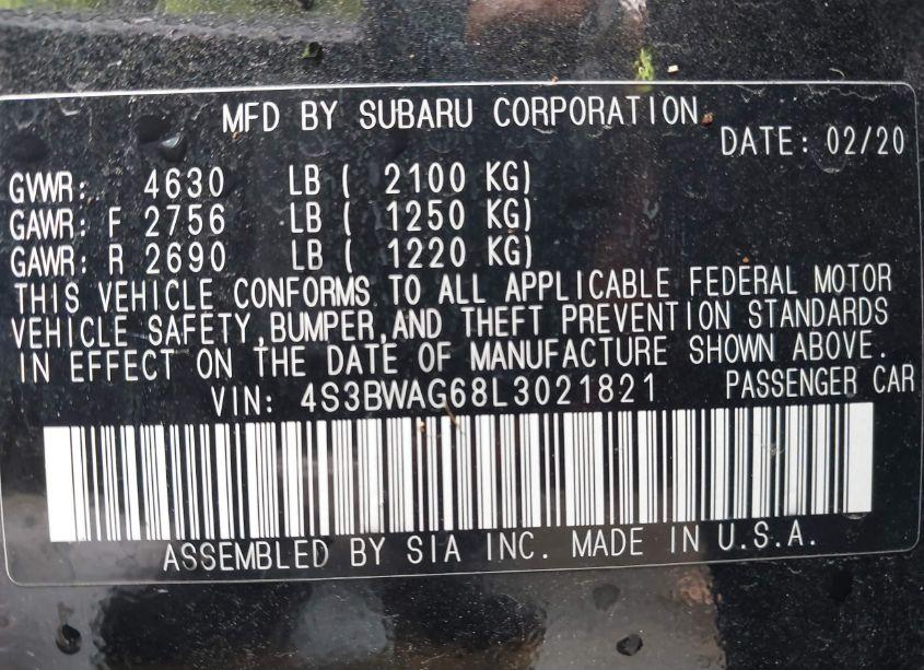 Photo 9 of 2020 Subaru Legacy SPORT (VIN 4S3BWAG68L3021821)