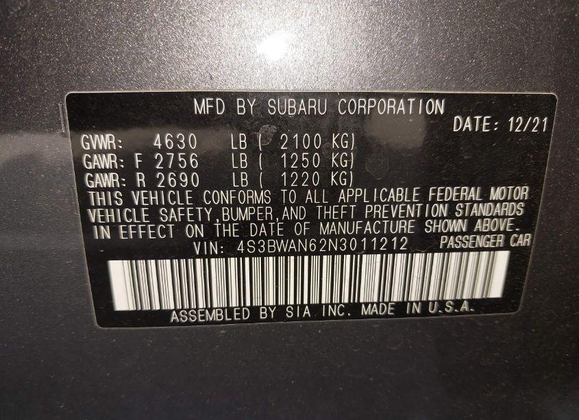 Photo 9 of 2022 Subaru Legacy LIMITED (VIN 4S3BWAN62N3011212)