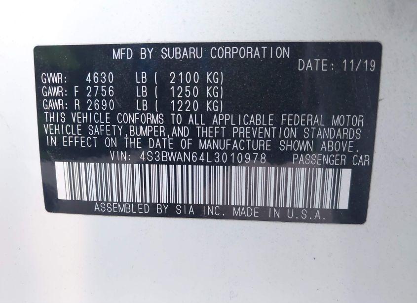 Photo 9 of 2020 Subaru Legacy LIMITED (VIN 4S3BWAN64L3010978)