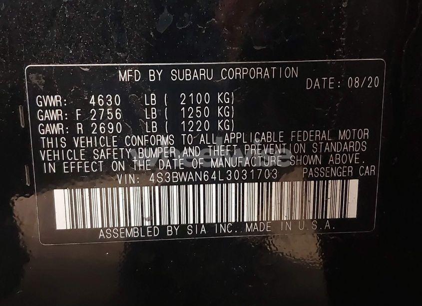 Photo 9 of 2020 Subaru Legacy LIMITED (VIN 4S3BWAN64L3031703)