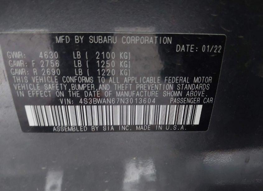 Photo 9 of 2022 Subaru Legacy LIMITED (VIN 4S3BWAN67N3013604)