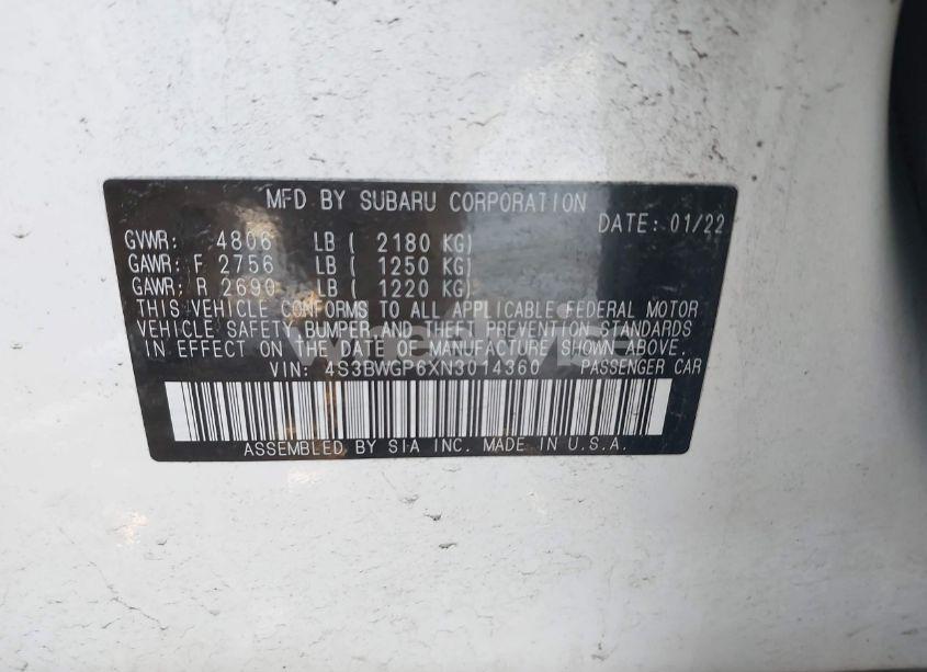 Photo 9 of 2022 Subaru Legacy TOURING XT (VIN 4S3BWGP6XN3014360)