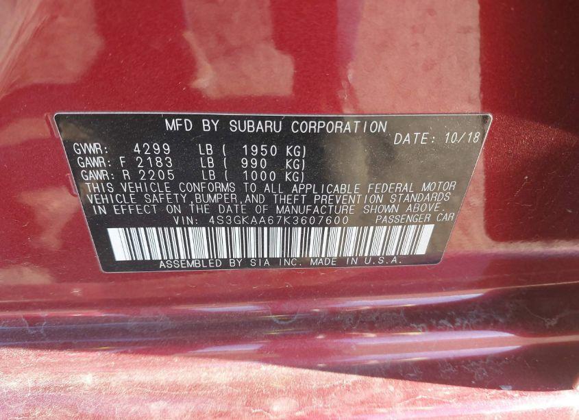 Photo 9 of 2019 Subaru Impreza 2.0I (VIN 4S3GKAA67K3607600)