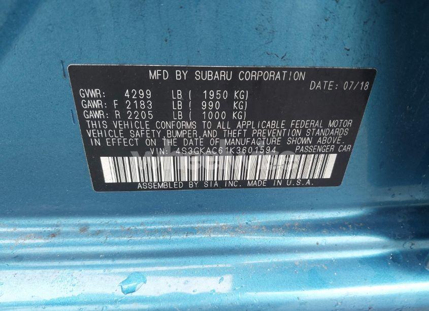 Photo 9 of 2019 Subaru Impreza 2.0I PREMIUM (VIN 4S3GKAC61K3601594)