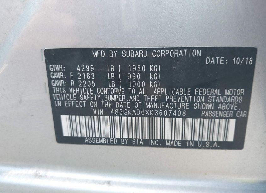 Photo 9 of 2019 Subaru Impreza 2.0I PREMIUM (VIN 4S3GKAD6XK3607408)