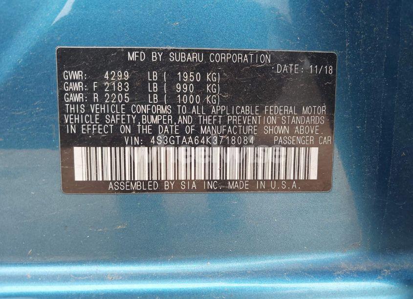 Photo 9 of 2019 Subaru Impreza 2.0I (VIN 4S3GTAA64K3718084)