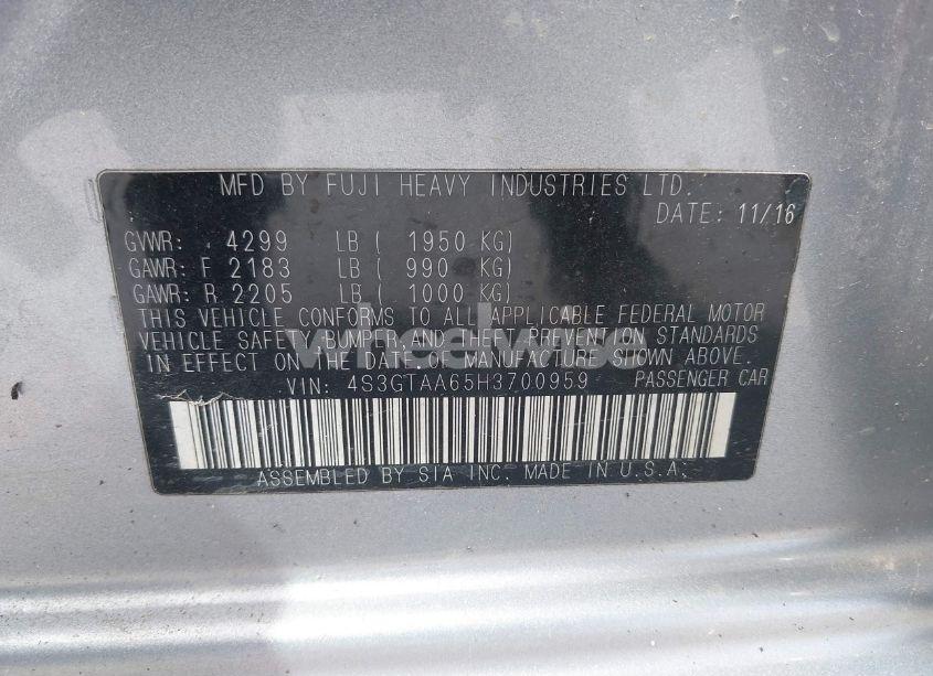 Photo 9 of 2017 Subaru Impreza 2.0I (VIN 4S3GTAA65H3700959)