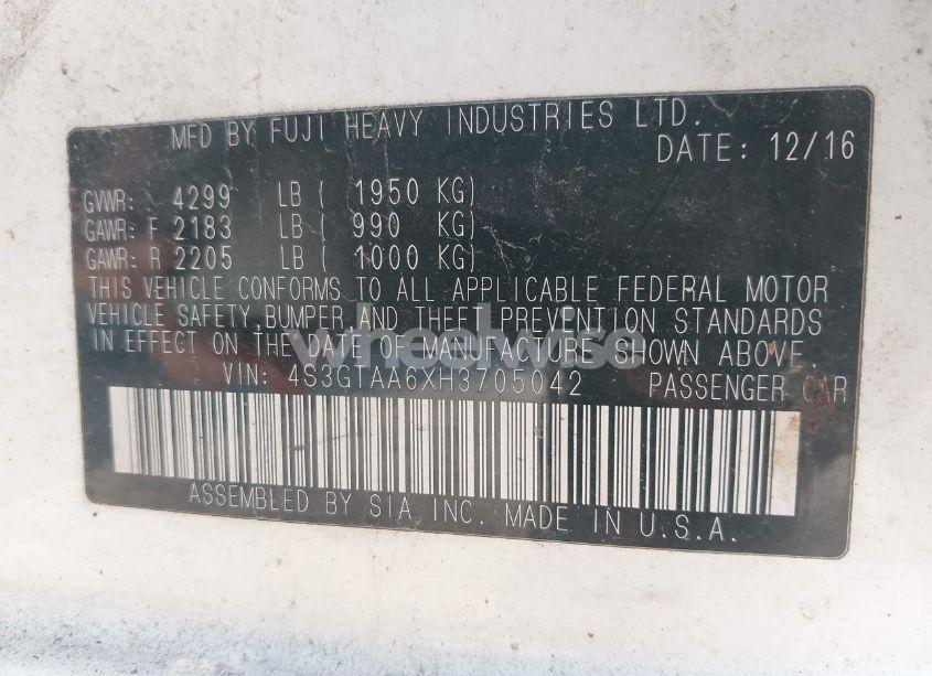 Photo 9 of 2017 Subaru Impreza 2.0I (VIN 4S3GTAA6XH3705042)