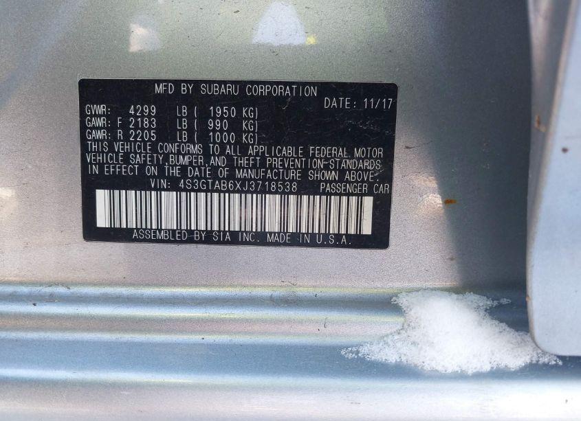 Photo 9 of 2018 Subaru Impreza 2.0I PREMIUM (VIN 4S3GTAB6XJ3718538)