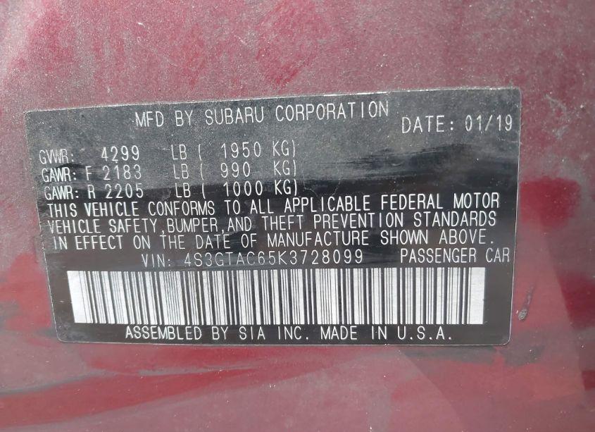 Photo 9 of 2019 Subaru Impreza 2.0I PREMIUM (VIN 4S3GTAC65K3728099)