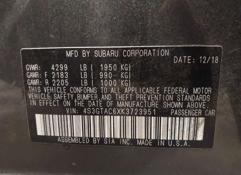 Photo 9 of 2019 Subaru Impreza 2.0I PREMIUM (VIN 4S3GTAC6XK3723951)