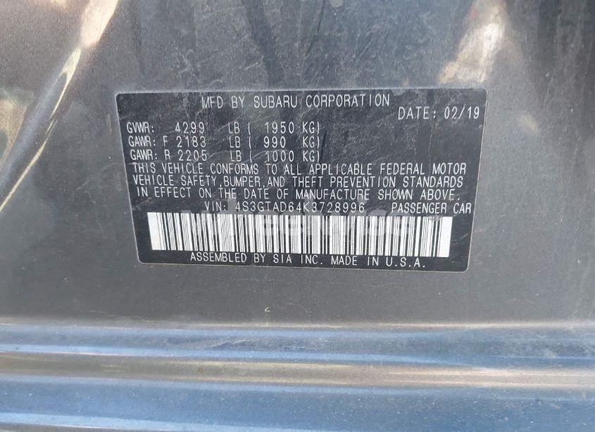 Photo 9 of 2019 Subaru Impreza 2.0I PREMIUM (VIN 4S3GTAD64K3728996)