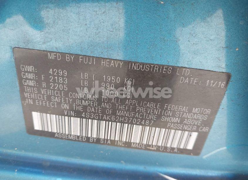 Photo 9 of 2017 Subaru Impreza 2.0I SPORT (VIN 4S3GTAK62H3702487)