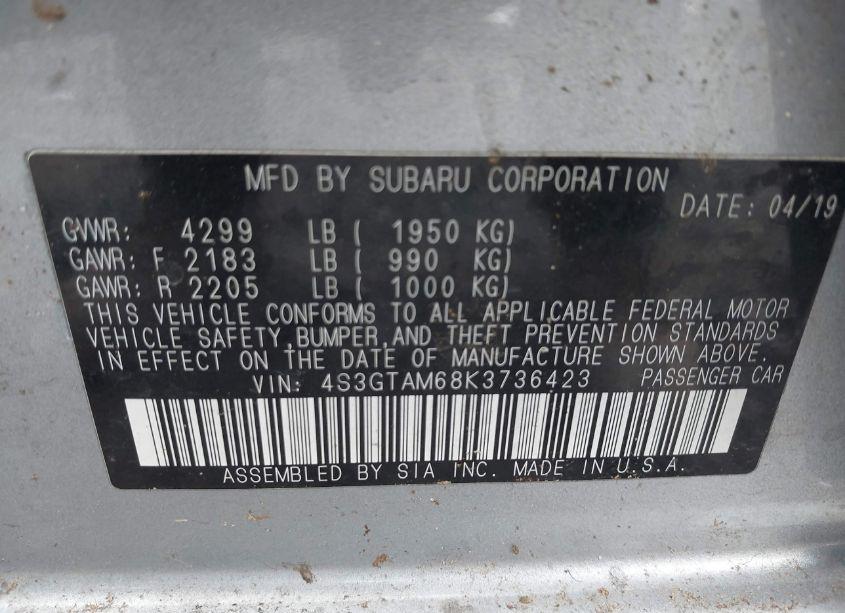 Photo 9 of 2019 Subaru Impreza 2.0I SPORT (VIN 4S3GTAM68K3736423)