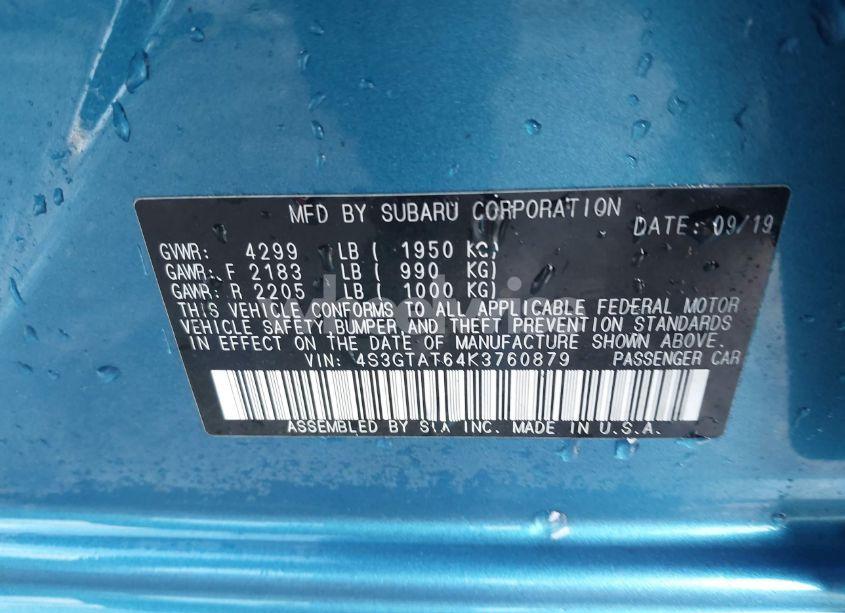 Photo 9 of 2019 Subaru Impreza 2.0I LIMITED (VIN 4S3GTAT64K3760879)