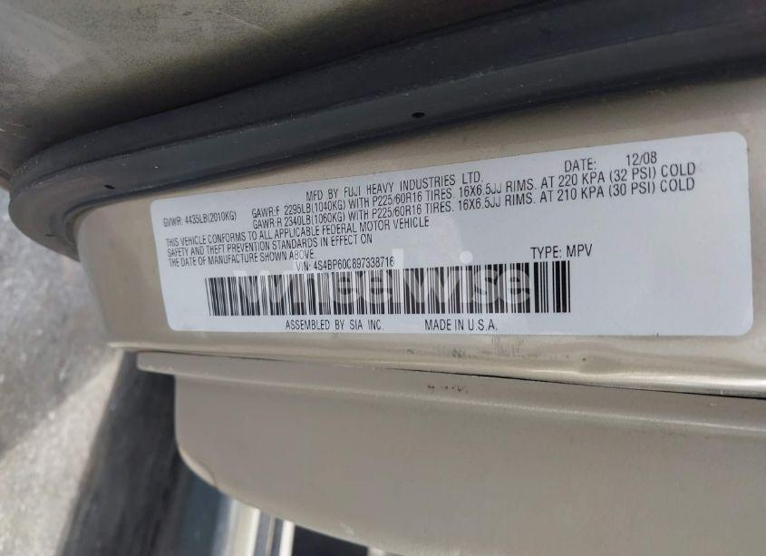 Photo 9 of 2009 Subaru Outback 2.5I (VIN 4S4BP60C897338716)