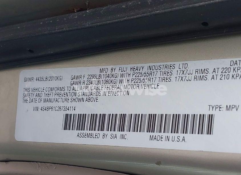 Photo 9 of 2006 Subaru Outback 2.5I (VIN 4S4BP61C267354114)