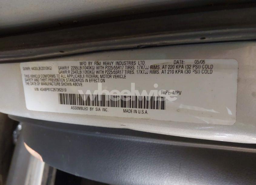 Photo 9 of 2006 Subaru Outback 2.5I (VIN 4S4BP61C267362519)