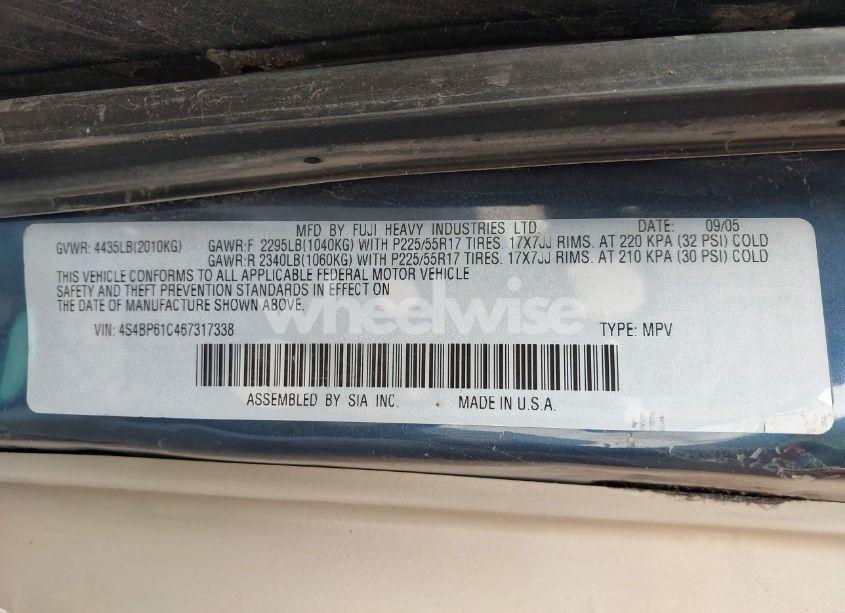 Photo 9 of 2006 Subaru Outback 2.5I (VIN 4S4BP61C467317338)