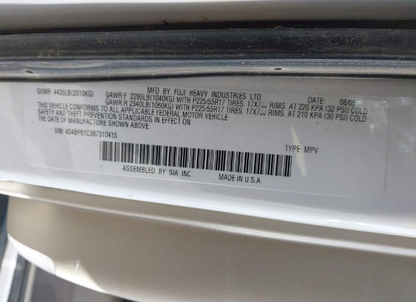 Photo 9 of 2006 Subaru Outback 2.5I (VIN 4S4BP61C567310415)