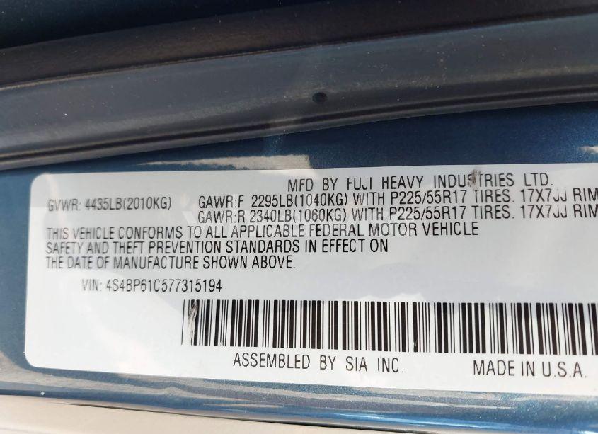 Photo 9 of 2007 Subaru Outback 2.5I (VIN 4S4BP61C577315194)