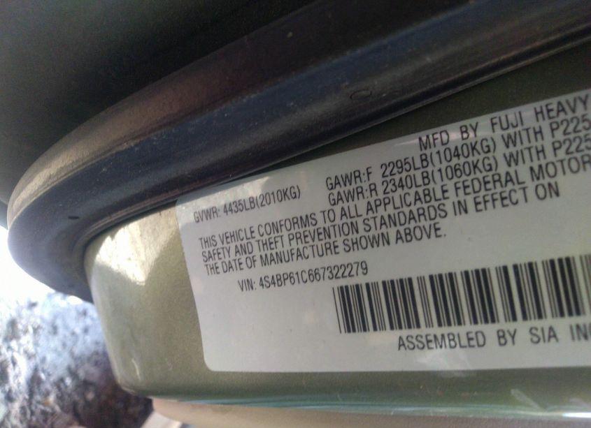 Photo 9 of 2006 Subaru Outback 2.5I (VIN 4S4BP61C667322279)