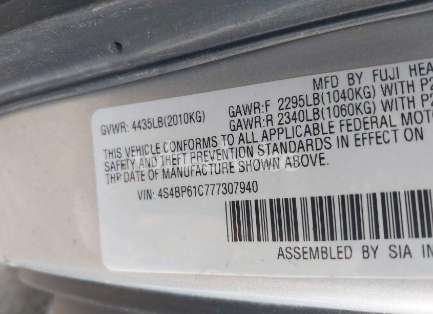 Photo 9 of 2007 Subaru Outback 2.5I (VIN 4S4BP61C777307940)
