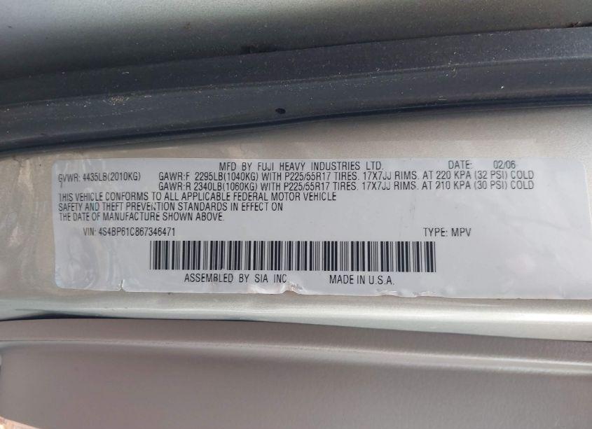 Photo 9 of 2006 Subaru Outback 2.5I (VIN 4S4BP61C867346471)