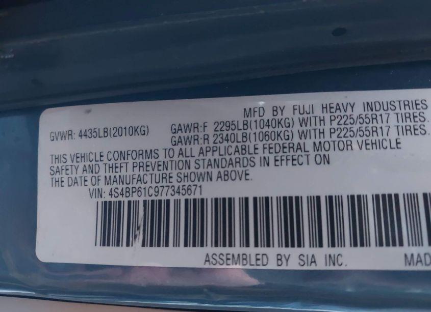 Photo 9 of 2007 Subaru Outback 2.5I/2.5I BASIC/2.5I L.L. BEAN EDITION (VIN 4S4BP61C977345671)