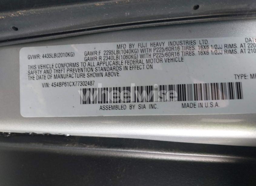 Photo 9 of 2007 Subaru Outback 2.5I BASIC (VIN 4S4BP61CX77302487)