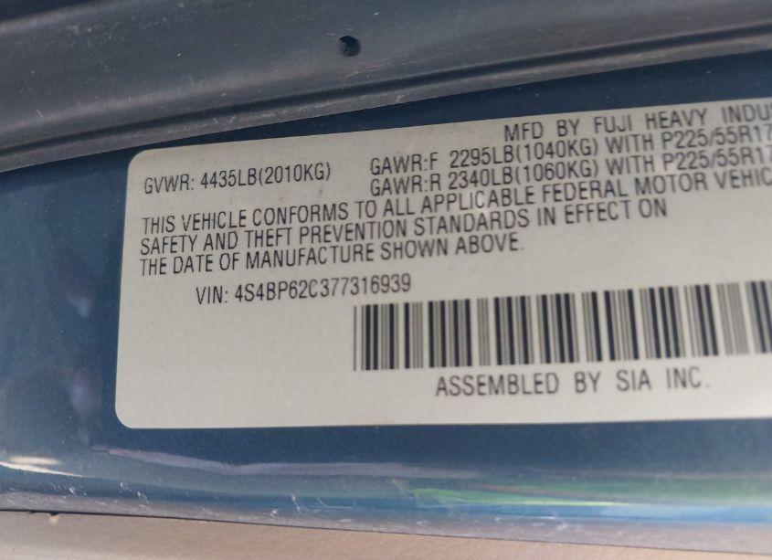 Photo 9 of 2007 Subaru Outback 2.5I LIMITED (VIN 4S4BP62C377316939)