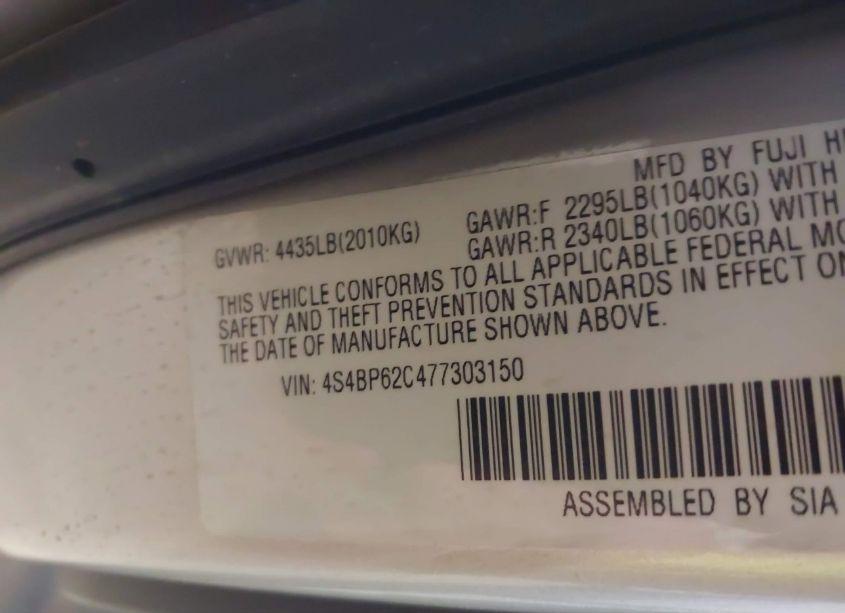 Photo 9 of 2007 Subaru Outback 2.5I LIMITED (VIN 4S4BP62C477303150)