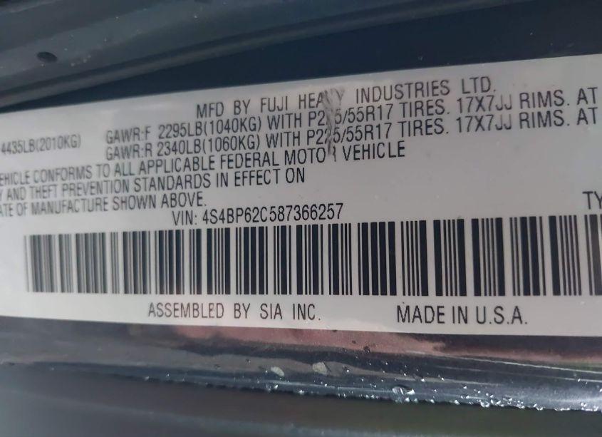 Photo 9 of 2008 Subaru Outback 2.5I LIMITED (VIN 4S4BP62C587366257)