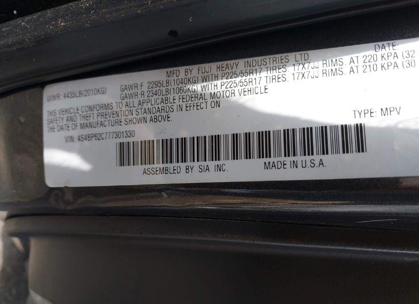 Photo 9 of 2007 Subaru Outback 2.5I LIMITED (VIN 4S4BP62C777301330)