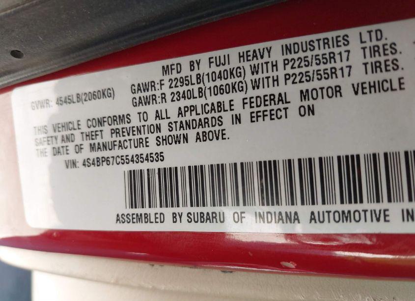 Photo 9 of 2005 Subaru Outback 2.5XT LIMITED (VIN 4S4BP67C554354535)