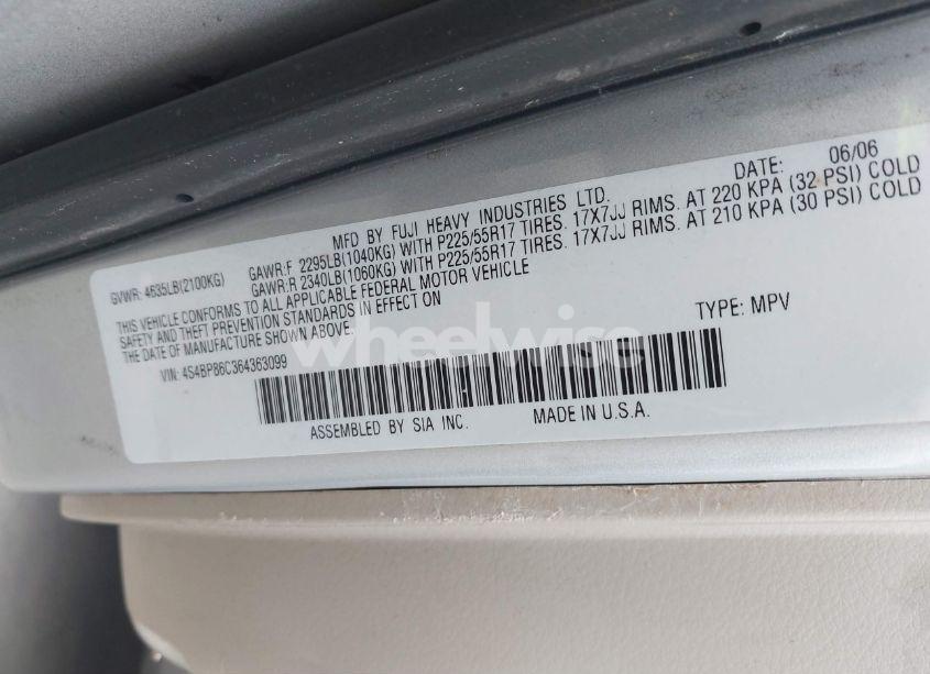 Photo 9 of 2006 Subaru Outback 3.0R L.L. BEAN EDITION (VIN 4S4BP86C364363099)