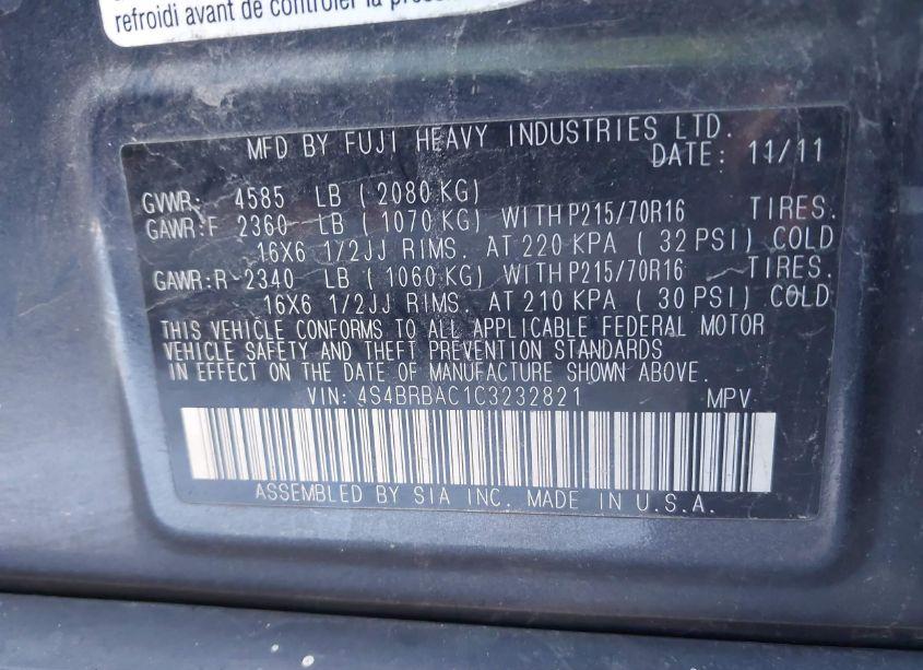 Photo 9 of 2012 Subaru Outback 2.5I (VIN 4S4BRBAC1C3232821)