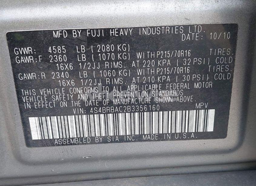 Photo 9 of 2011 Subaru Outback 2.5I (VIN 4S4BRBAC2B3356160)